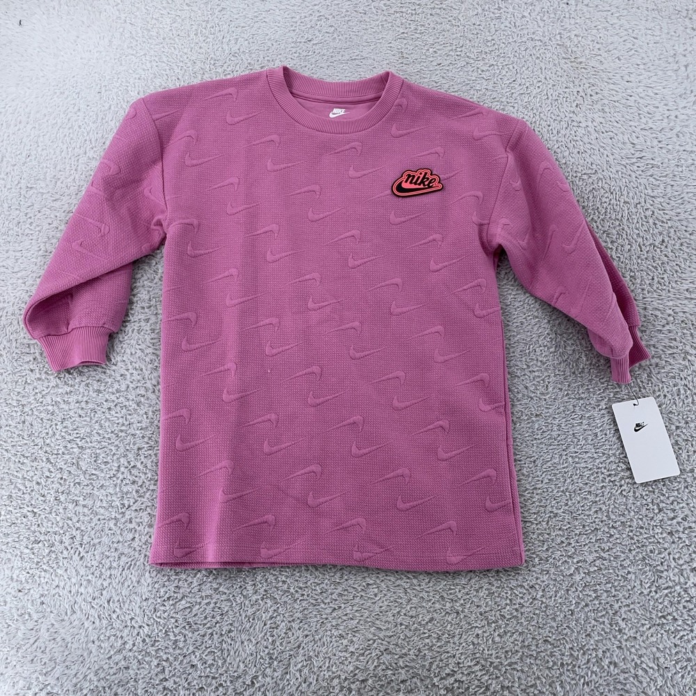 Nike Sweatshirt YOUTH Girls 5-6 Magic Flamingo Pink Swoosh Embossed Crewneck